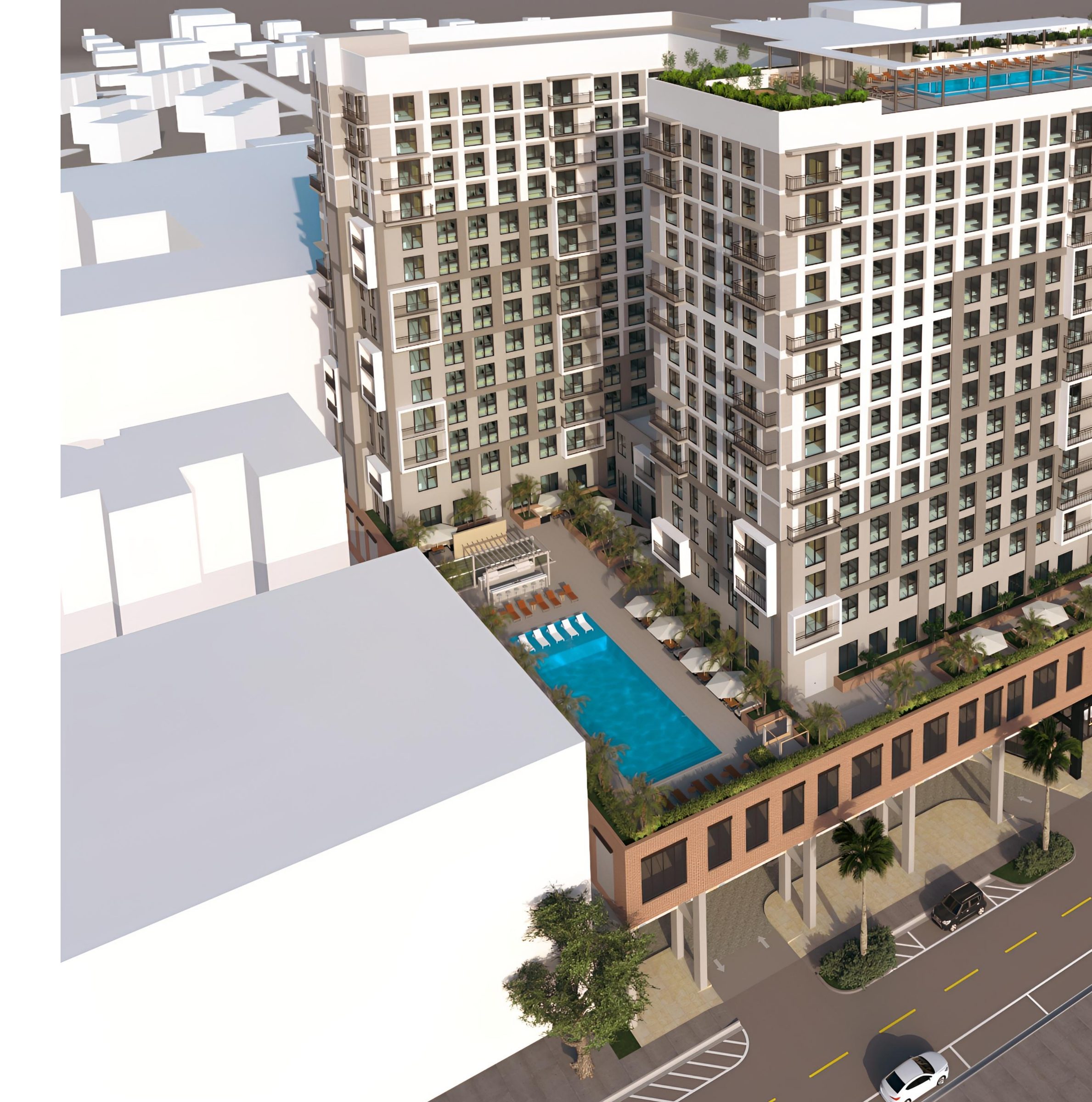 Aerial view of SOMI Walk pool deck and South Miami