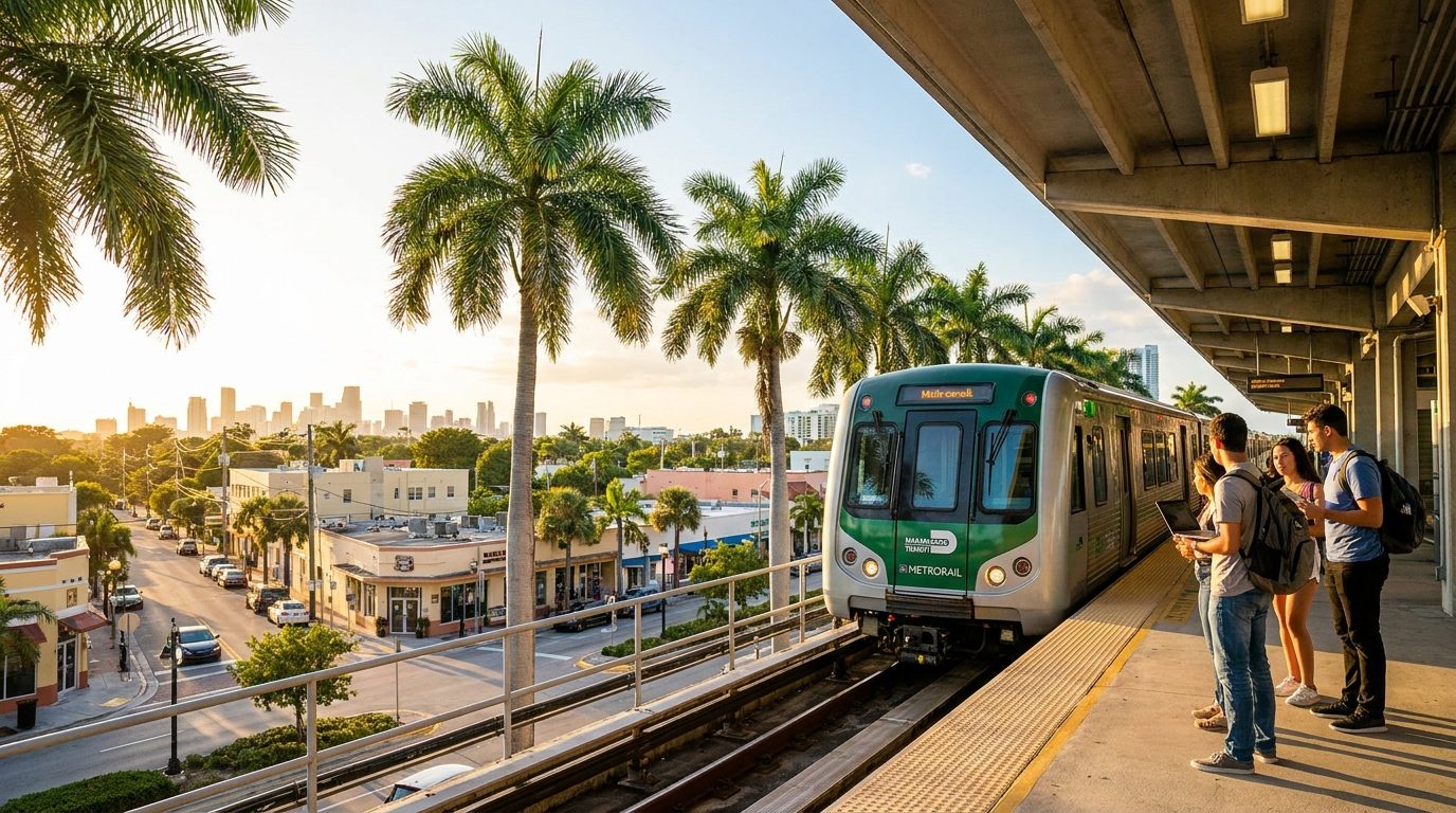 Miami Metrorail arriving at the elevated South Miami station
