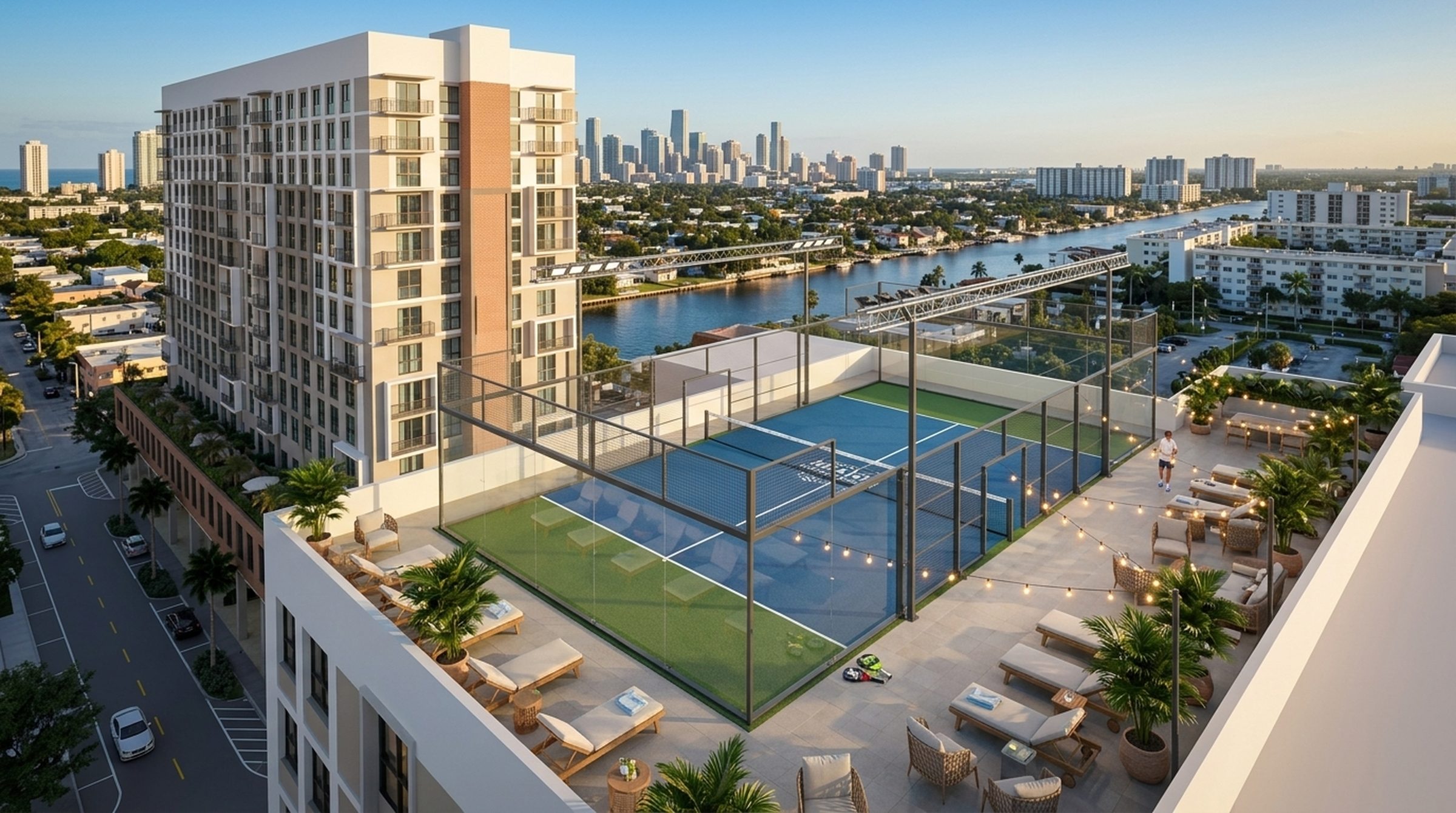 Rooftop padel club with Miami skyline at SOMI Walk